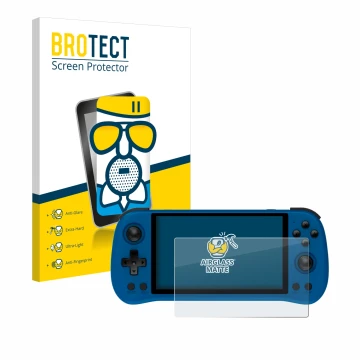 Parte frontal de un envase de producto con el logotipo de la marca BROTECT. Al lado se muestra el dispositivo Powkiddy X55 con