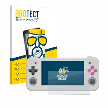 Parte frontal de un envase de producto con el logotipo de la marca BROTECT. Al lado se muestra el dispositivo Anbernic RG505 c