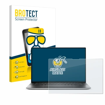 Parte frontal de un envase de producto con el logotipo de la marca BROTECT. Al lado se muestra el dispositivo Dell XPS 15 9530