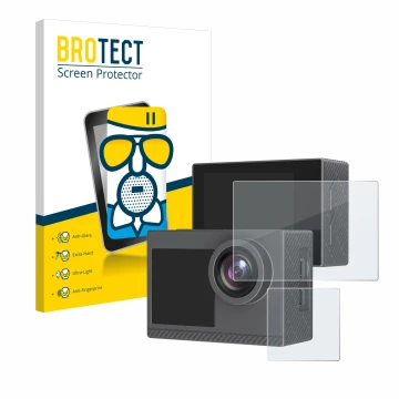 Parte frontal de un envase de producto con el logotipo de la marca BROTECT. Al lado se muestra el dispositivo Akaso Brave 4 Pr