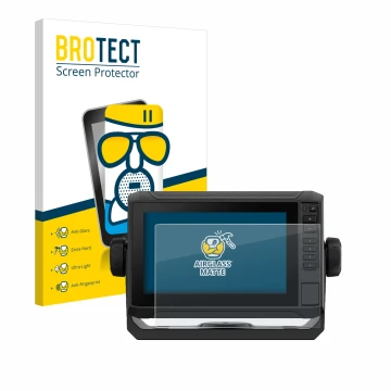 Parte frontal de un envase de producto con el logotipo de la marca BROTECT. Al lado se muestra el dispositivo Garmin ECHOMAP U