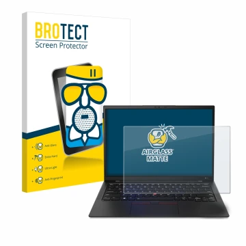 Parte frontal de un envase de producto con el logotipo de la marca BROTECT. Al lado se muestra el dispositivo Lenovo ThinkPad 