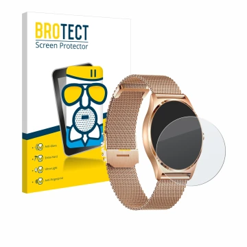 Parte frontal de un envase de producto con el logotipo de la marca BROTECT. Al lado se muestra el dispositivo Xcoast X-Watch J