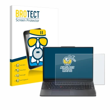 Parte frontal de un envase de producto con el logotipo de la marca BROTECT. Al lado se muestra el dispositivo Lenovo ThinkPad 