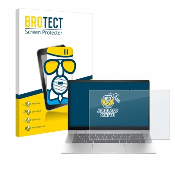 Parte frontal de un envase de producto con el logotipo de la marca BROTECT. Al lado se muestra el dispositivo HP Envy x360 2-i