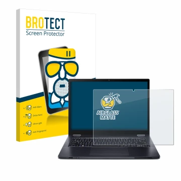 Parte frontal de un envase de producto con el logotipo de la marca BROTECT. Al lado se muestra el dispositivo Acer TravelMate 