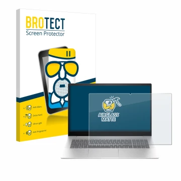 Parte frontal de un envase de producto con el logotipo de la marca BROTECT. Al lado se muestra el dispositivo HP Envy 17-cw000