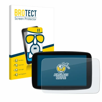 Parte frontal de un envase de producto con el logotipo de la marca BROTECT. Al lado se muestra el dispositivo TomTom GO Superi