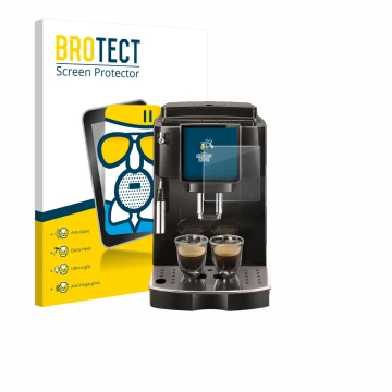 Parte frontal de un envase de producto con el logotipo de la marca BROTECT. Al lado se muestra el dispositivo DeLonghi Magnifi