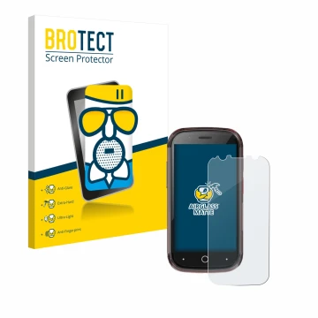 Parte frontal de un envase de producto con el logotipo de la marca BROTECT. Al lado se muestra el dispositivo Unihertz Jelly S