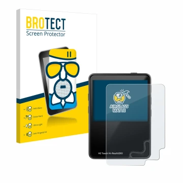 Parte frontal de un envase de producto con el logotipo de la marca BROTECT. Al lado se muestra el dispositivo HifiWalker H2 to