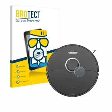 Parte frontal de un envase de producto con el logotipo de la marca BROTECT. Al lado se muestra el dispositivo Roborock S8 Lida