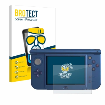 Parte frontal de un envase de producto con el logotipo de la marca BROTECT. Al lado se muestra el dispositivo Nintendo New 3DS