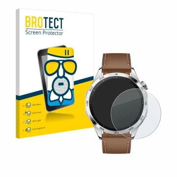 Parte frontal de un envase de producto con el logotipo de la marca BROTECT. Al lado se muestra el dispositivo Huawei Watch GT 