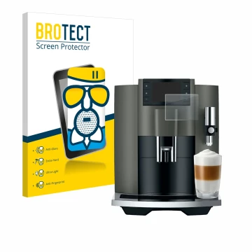 Parte frontal de un envase de producto con el logotipo de la marca BROTECT. Al lado se muestra el dispositivo Jura E8 (EC) con