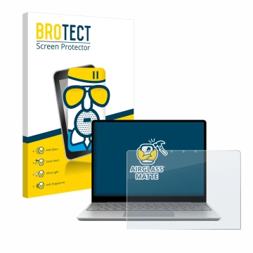 Parte frontal de un envase de producto con el logotipo de la marca BROTECT. Al lado se muestra el dispositivo Microsoft Surfac