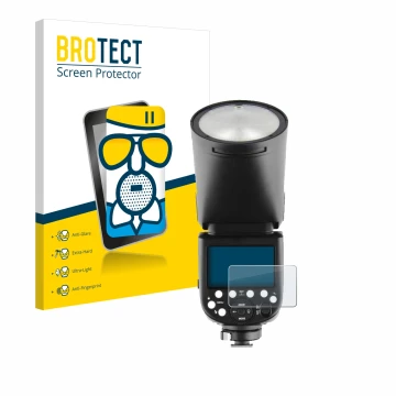 Parte frontal de un envase de producto con el logotipo de la marca BROTECT. Al lado se muestra el dispositivo Godox V1 con su 