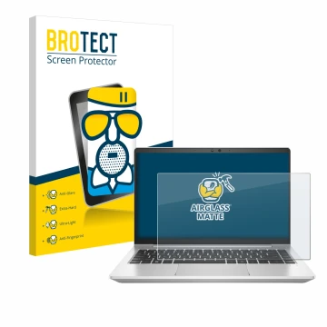 Parte frontal de un envase de producto con el logotipo de la marca BROTECT. Al lado se muestra el dispositivo HP EliteBook 645