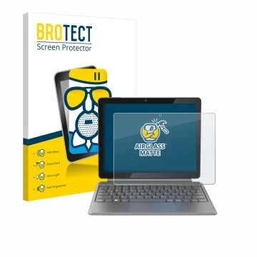 Parte frontal de un envase de producto con el logotipo de la marca BROTECT. Al lado se muestra el dispositivo Alldocube iWork 