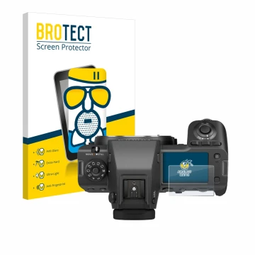 Parte frontal de un envase de producto con el logotipo de la marca BROTECT. Al lado se muestra el dispositivo Fujifilm GFX100 