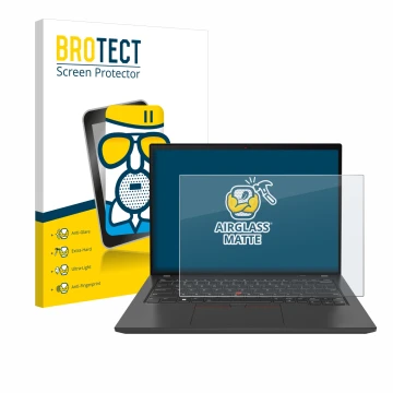 Parte frontal de un envase de producto con el logotipo de la marca BROTECT. Al lado se muestra el dispositivo Lenovo ThinkPad 