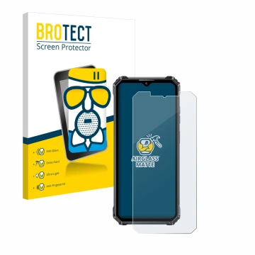 Parte frontal de un envase de producto con el logotipo de la marca BROTECT. Al lado se muestra el dispositivo Oukitel WP28 con