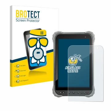 Parte frontal de un envase de producto con el logotipo de la marca BROTECT. Al lado se muestra el dispositivo Juniper Systems 