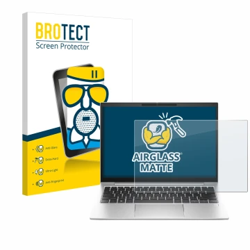 Parte frontal de un envase de producto con el logotipo de la marca BROTECT. Al lado se muestra el dispositivo HP EliteBook 830