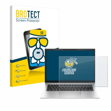 Parte frontal de un envase de producto con el logotipo de la marca BROTECT. Al lado se muestra el dispositivo HP EliteBook 840
