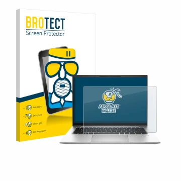 Parte frontal de un envase de producto con el logotipo de la marca BROTECT. Al lado se muestra el dispositivo HP EliteBook 845