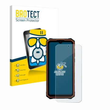 Parte frontal de un envase de producto con el logotipo de la marca BROTECT. Al lado se muestra el dispositivo Hotwav Cyber 13 