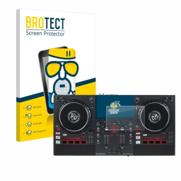 Parte frontal de un envase de producto con el logotipo de la marca BROTECT. Al lado se muestra el dispositivo Numark Mixstream