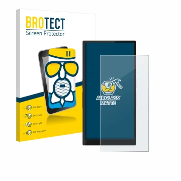 Parte frontal de un envase de producto con el logotipo de la marca BROTECT. Al lado se muestra el dispositivo Hiby R6 Pro II (