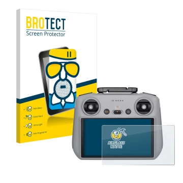 Parte frontal de un envase de producto con el logotipo de la marca BROTECT. Al lado se muestra el dispositivo DJI RC 2 con su 