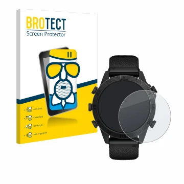 Parte frontal de un envase de producto con el logotipo de la marca BROTECT. Al lado se muestra el dispositivo Garmin Marq Comm