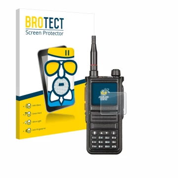 Parte frontal de un envase de producto con el logotipo de la marca BROTECT. Al lado se muestra el dispositivo Radtel RT-470X c