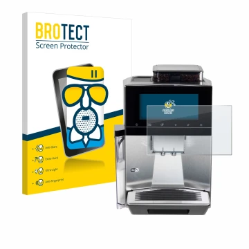 Parte frontal de un envase de producto con el logotipo de la marca BROTECT. Al lado se muestra el dispositivo Siemens EQ900 TQ