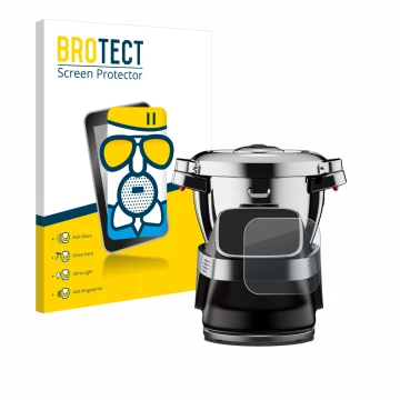 Parte frontal de un envase de producto con el logotipo de la marca BROTECT. Al lado se muestra el dispositivo WMF Avantgarde c