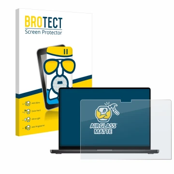 Parte frontal de un envase de producto con el logotipo de la marca BROTECT. Al lado se muestra el dispositivo Apple MacBook Pr