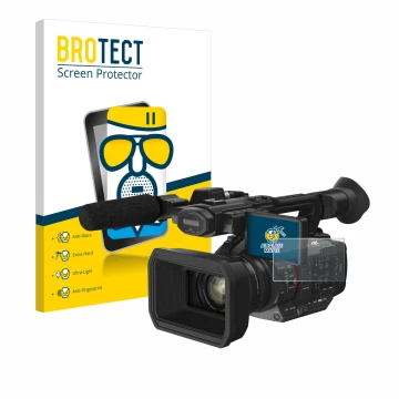 Parte frontal de un envase de producto con el logotipo de la marca BROTECT. Al lado se muestra el dispositivo Panasonic HC-X2 