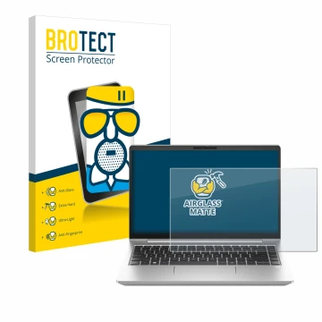 Parte frontal de un envase de producto con el logotipo de la marca BROTECT. Al lado se muestra el dispositivo HP ProBook 445 G