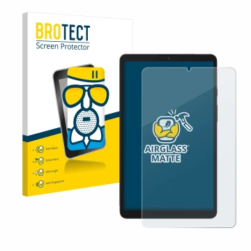 Parte frontal de un envase de producto con el logotipo de la marca BROTECT. Al lado se muestra el dispositivo Samsung Galaxy T