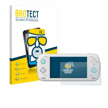 Parte frontal de un envase de producto con el logotipo de la marca BROTECT. Al lado se muestra el dispositivo AYN Odin 2 con s