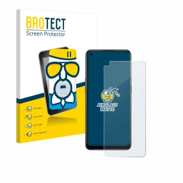 Parte frontal de un envase de producto con el logotipo de la marca BROTECT. Al lado se muestra el dispositivo Oppo Reno 8T con