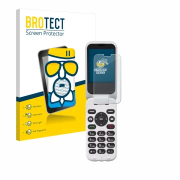 Parte frontal de un envase de producto con el logotipo de la marca BROTECT. Al lado se muestra el dispositivo Doro 6820 con su