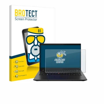 Parte frontal de un envase de producto con el logotipo de la marca BROTECT. Al lado se muestra el dispositivo Lenovo ThinkPad 