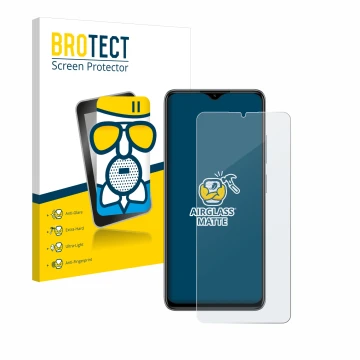 Parte frontal de un envase de producto con el logotipo de la marca BROTECT. Al lado se muestra el dispositivo ZTE Blade A73 co