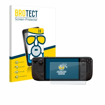 Parte frontal de un envase de producto con el logotipo de la marca BROTECT. Al lado se muestra el dispositivo Valve Steam Deck