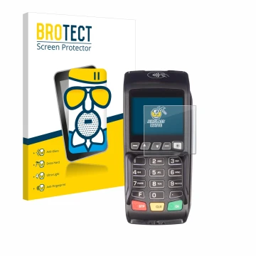 Parte frontal de un envase de producto con el logotipo de la marca BROTECT. Al lado se muestra el dispositivo ingenico Desk/35