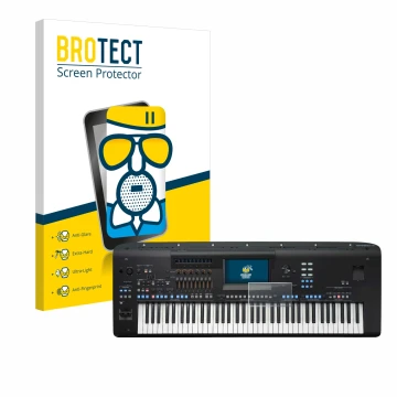 Parte frontal de un envase de producto con el logotipo de la marca BROTECT. Al lado se muestra el dispositivo Yamaha Genos2 co